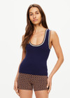 THE UPSIDE women's navy Joey Knit Tank Top is made from an organic cotton blend fabric and features a scoop neck and contrast tan and butter yellow stripes.