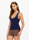 THE UPSIDE women's navy Joey Knit Tank Top is made from an organic cotton blend fabric and features a scoop neck and contrast tan and butter yellow stripes.