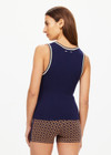 THE UPSIDE women's navy Joey Knit Tank Top is made from an organic cotton blend fabric and features a scoop neck and contrast tan and butter yellow stripes.