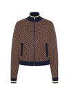 THE UPSIDE women's beige and navy geometric print Crossroad Margot Knit slim fit Jacket is made with an organic cotton jacquard and feature front welt pockets.