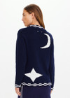 THE UPSIDE women's navy Eternity Clyde boxy Knit Crew Sweater is made with organic cotton and features cream detailing of stars and moons.