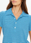 THE UPSIDE women's blue stripe Rio Lilou Polo top features a soft stretch terry fabrication with cropped polo shape and button front. The perfect vacation piece.