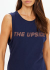 THE UPSIDE women's navy Jeet Tank Top is a 100% organic cotton jersey, featuring a relaxed fit with the Upside logo printed at the front.