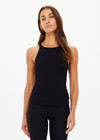THE UPSIDE women's black Asher Racerback Tank Top is a rib fabrication with built in shelf bra and removable cups. Ideal for yoga and pilates.
