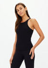 THE UPSIDE women's black Asher Racerback Tank Top is a rib fabrication with built in shelf bra and removable cups. Ideal for yoga and pilates.