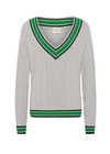 THE UPSIDE women's grey marle organic cotton Josette V Neck Knit Sweater is a regular fit and features cable detailing through front and a green striped neckline. Made for lifestyle.