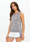 THE UPSIDE women's blue marle organic cotton linen Armada Koby Knitted Tank Top is true-to-size and features a high neckline with a subtle racer back detail. Made for lifestyle.