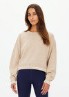 THE UPSIDE women's sand wool cotton blend Xanthe Crew Neck Sweater is designed for a relaxed boxy fit and features contrast cream stripes. Perfect for everyday.