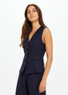 THE UPSIDE women's navy pinstripe merino Wool Jackie V Neck Waistcoat is a fully lined slim fitting suiting fabrication with an adjustable waist belt at the back.
