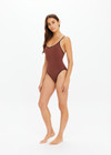 THE UPSIDE women’s chocolate brown Banya Flow classic One Piece swimsuit is made from recycled fabric and features a scoop front and back neckline, high shaped legline and adjustable straps.