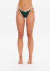 THE UPSIDE women's green Sunbathing in Capri Tie Pant is made from recycled fabric. The tie side bikini bottom features contrast cream tie. Designed for swim.