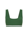 THE UPSIDE women's green Il Pelicano Scoop Bra is made from recycled rib. The scoop neck sports bra features removable cup. Designed for yoga and exercise.