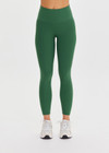 THE UPSIDE women's green Il Pelicano 25 inch Midi Pant is made from recycled rib. The high rise legging features soft folded waistband. Designed for yoga and exercise.