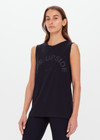 THE UPSIDE women's black organic cotton jersey Jeet Tank Top is a relaxed fit with folded detail and a printed horseshoe logo. The perfect everyday muscle tank.