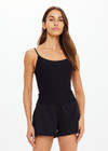 THE UPSIDE women's Black recycled peached Tani Scoop Tank Top features fine elasticated straps with inner shelf bra and removable cups. The perfect wardrobe staple.