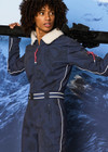 THE UPSIDE women’s navy Hakuba Kiki Ski Suit is a long sleeve full-length ski suit and features a zip opening, an elasticated removable belt and bonded fleece underside for extra warmth. Designed for Après-ski and winter wear.