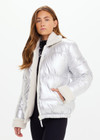 THE UPSIDE women’s silver metallic Lotti Reversible Puffer Jacket features a zip opening and pockets lined with polar fleece. Designed for Après-ski and winter wear.