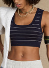 THE UPSIDE women’s Stripe Astra Solange Knit Crop Top offers a soft, comfortable fit with a navy-ribbed scoop neckline and elastic underbust. Perfect for travel or daily wear.