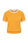 THE UPASIDE women’s yellow organic cotton Daisy Salome Tee has a regular fit with a soft ribbed neckline and cream contrast panels on the shoulders. Made for lifestyle.
