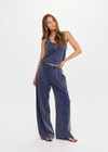 THE UPSIDE women's blue recycled cotton Soho Tokio Wide Leg Pant has a relaxed fit, soft encased waistband, and side pockets. Perfect for travel or everyday.
