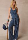 THE UPSIDE women's blue recycled cotton Soho Tokio Wide Leg Pant has a relaxed fit, soft encased waistband, and side pockets. Perfect for travel or everyday.