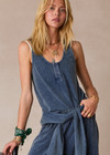 THE UPSIDE women's blue recycled cotton Soho Kapri Racerback Tank has a relaxed fit with fabric-covered buttons at the scoop neck. Made for lifestyle.