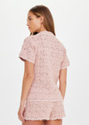 THE UPSIDE women's pink organic cotton Anoki Lovett Crochet Shirt has a relaxed fit with cream scalloped edges and pink pearlised shell buttons. Perfect for travel or everyday.