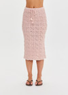 THE UPSIDE women's pink organic cotton Anoki Irena Crochet Midi Skirt features an elasticated waist with tassel braided drawcord and cream scalloped edge detailing. Perfect for travel or everyday.