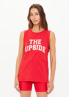 THE UPSIDE women's red organic cotton Jeet Tank Top has a relaxed fit with folded armhole detail and cream varsity logo at chest. Made for everyday wear.