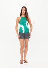 THE UPSIDE women's green organic cotton Asher Racerback Tank Top is hand-dyed in punchy green with arrow logo piping on hem. Made for lifestyle.