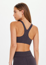 THE UPSIDE women's grey recycled Moondance Racerback Vala Bra has removable cups, elastic underbust, double-peached fabric. Made for yoga and pilates.