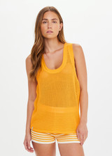 THE UPSIDE women’s organic cotton yellow Fenway Wales Knit Tank has a relaxed fit with ribbed neckline and armholes in an open knit. Made for everyday wear.