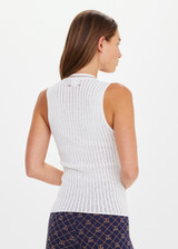 THE UPSIDE women's creme Rosella V Neck Vest has a slim fit with tortoiseshell button closure and beige striped ribbing along the neckline and front. Made for lifestyle.