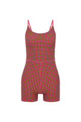 THE UPSIDE women's pink check Aliki Kiva Bodysuit features elastic straps, low cross back, and inner shelf bra with removable cups. Made for yoga and pilates.