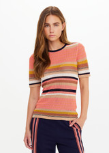 THE UPSIDE women’s stripe Sutton Knit Tee is designed for a slim fit and and features a semi-sheer striped design with a navy contrast neckline. Made for everyday wear.