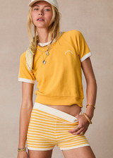 THE UPSIDE women’s stripe organic cotton Daisy Aster Knit Shortie is a fitted boyleg short, featuring a ribbed mid-rise waistband and hem. Made for everyday leisure.