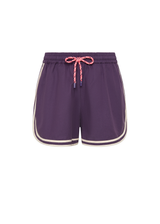 THE UPSIDE women's purple Klio Short is designed for a mid-rise, relaxed fit and features a soft elasticated waistband with drawcord and contrast binds in cream along curved hem. Made for everyday.
