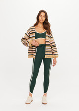 THE UPSIDE women's stripe Bohemia Mari Crochet Jacket offers a relaxed fit with elasticated cuffs and striped design in pink, green, cream, and tan. Made for lifestyle.