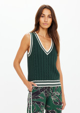 THE UPSIDE women's green Santa Fe Julia V Neck Vest is relaxed fit with chunky cable knit, deep V-neckline, and cream-green striped ribbing. Made for lifestyle.