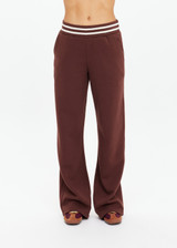 THE UPSIDE women's brown organic cotton Toluca Willow Wide Leg Pant is high-waisted and features a cream striped ribbed waistband and side seam pockets. Made for everyday.