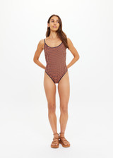 THE UPSIDE women's orange and navy check Solaris Flow One Piece features a scoop front neckline and low back with adjustable straps. Designed for swim.