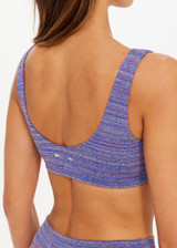 THE UPSIDE women's blue jacquard Neptune Scoop Neck Jasmine Bra offers medium coverage with a low scoop neckline with removable cups. Designed for swim.
