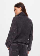 THE UPSIDE women's washed black Cosmic Carmen Moto Jacket is designed for a relaxed fit and features silver meta snap buttons, welt pockets and a soft elasticated hem. Perfect everyday outerwear piece.