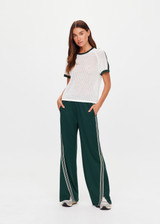 THE UPSIDE women's cream organic cotton Fenway Jordan Knit Tee is a relaxed crew neck knitted tee with knitted green stripe down sleeves and along neckline and armholes. Made for everyday.