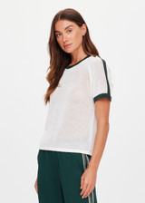 THE UPSIDE women's cream organic cotton Fenway Jordan Knit Tee is a relaxed crew neck knitted tee with knitted green stripe down sleeves and along neckline and armholes. Made for everyday.