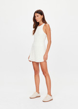THE UPSIDE women's cream Lyon Pia Racerback Dress is a fitted stretch lace tennis dress with a high neck, A-line skirt and internal bodysuit with inner shorts and pockets. Made for tennis, golf & pickleball.
