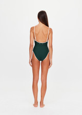 THE UPSIDE women's green recycled soft peached Racquet Flow Bodysuit is fully lined and features a scoop neckline, adjustable straps and a cream bow detail at chest. Made for tennis, gold & pickleball.