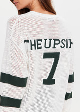 THE UPSIDE women's cream organic cotton Fenway Sebastian Crew offers a relaxed fit and features The Upside logo knit detail on back in green. Made for lifestyle.