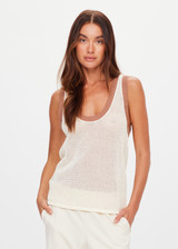 THE UPSIDE women's cream organic cotton Fenway Wales Knit Tank is designed for a relaxed basketball fit and features a ribbed neckline and armholes in contrast tan. Made for everyday.