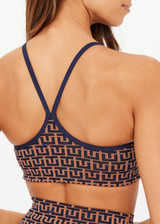 THE UPSIDE women's navy & camel recycled jacquard Castilla Bowie Bra is a supportive and comfortable fit in our castilla "TU" design and features a scooped front neckline with t-bar back and removable cups. Made for yoga & pilates.